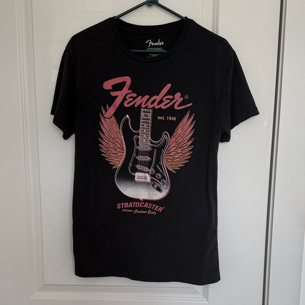 Fender Black Tee with Pink Stratocaster Design